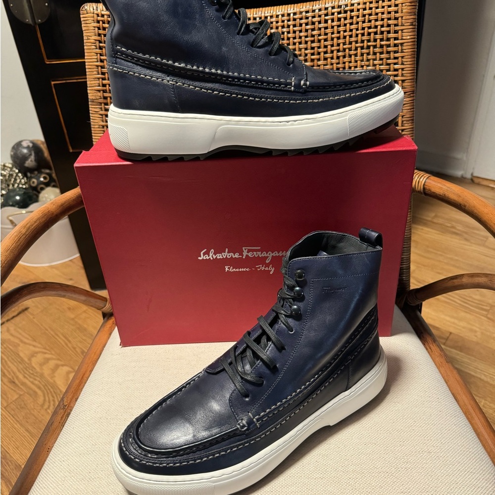 Salvatore Ferragamo Navy Blue Leather Boots